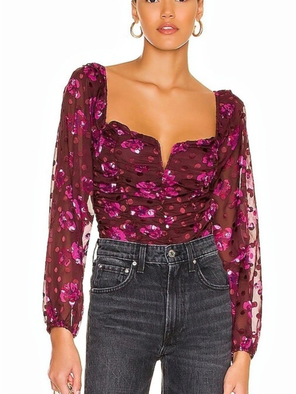 ASTR The Label Perkins Top S Burgundy Floral Burnout Velvet Ruched Boho Romantic